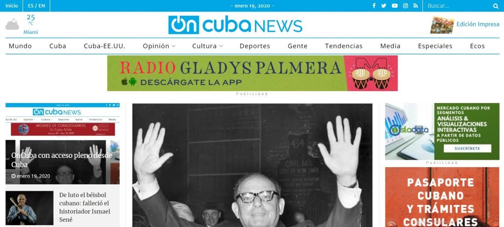 Portada de OnCuba News la mañana del domingo 19 de enero de 2020. Foto: Captura de pantalla.