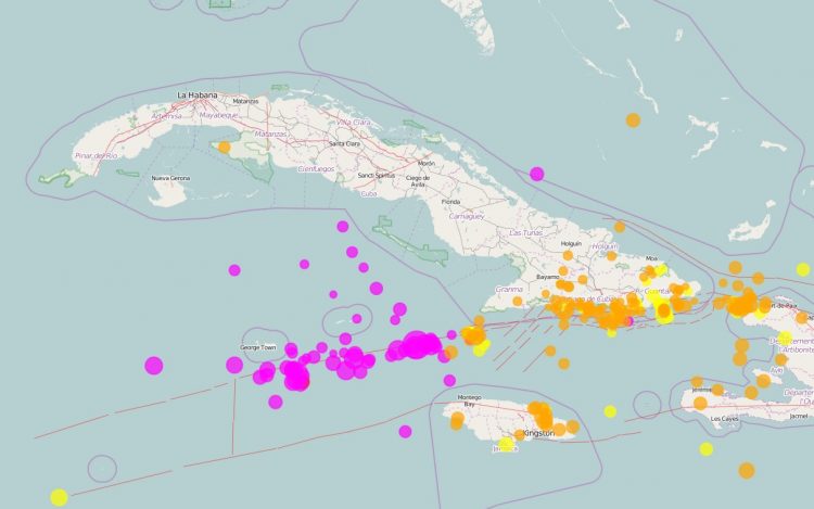 Mapa de los movimientos sísmicos registrados en los últimos días en los alrededores de Cuba. En rosado, los de las últimas 24 horas, entre el 28 y el 29 de enero de 2020. Infografía: Centro Nacional de Investigaciones Sismológicas de Cuba (CENAIS).