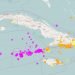 Mapa de los movimientos sísmicos registrados en los últimos días en los alrededores de Cuba. En rosado, los de las últimas 24 horas, entre el 28 y el 29 de enero de 2020. Infografía: Centro Nacional de Investigaciones Sismológicas de Cuba (CENAIS).