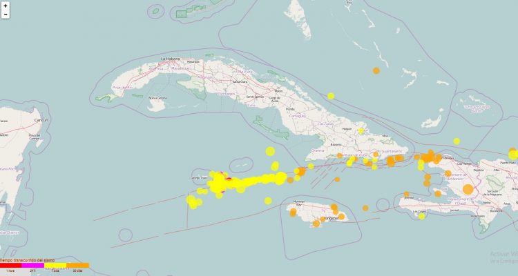 Mapa de la actividad sísmica del lunes 3 de febrero de 2020. Infografía: cenais.cu/lastquake/