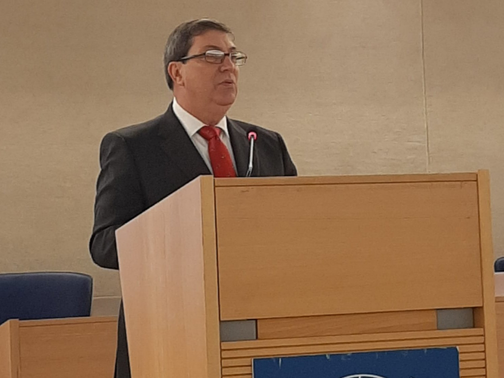 El canciller cubano, Bruno Rodríguez, durante su discurso en el Consejo de Derechos Humanos, en Ginebra, Suiza, el 25 de febrero de 2020. Foto: @BrunoRgezP/Twitter.