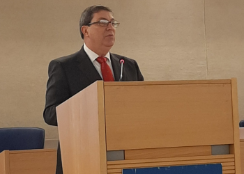 El canciller cubano, Bruno Rodríguez, durante su discurso en el Consejo de Derechos Humanos, en Ginebra, Suiza, el 25 de febrero de 2020. Foto: @BrunoRgezP/Twitter.
