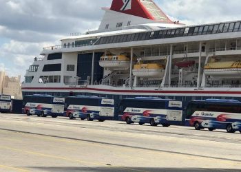 Ómnibus frente al crucero británico MS Braemar, con cinco casos confirmados de COVID-19, para el traslado de sus pasajeros luego de que atracara en la mañana de este miércoles 18 de marzo de 2020 en el puerto de Mariel, al oeste de La Habana. Foto: ACN / Facebook