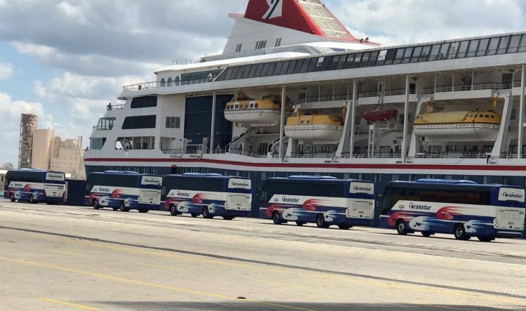 Ómnibus frente al crucero británico MS Braemar, con cinco casos confirmados de COVID-19, para el traslado de sus pasajeros luego de que atracara en la mañana de este miércoles 18 de marzo de 2020 en el puerto de Mariel, al oeste de La Habana. Foto: ACN / Facebook