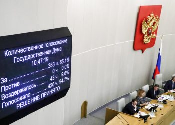 Legisladores rusos votan a favor de un proyecto de reforma constitucional en la cámara baja del Parlamento, el 11 de marzo de 2020. Foto: AP/Pavel Golovkin.