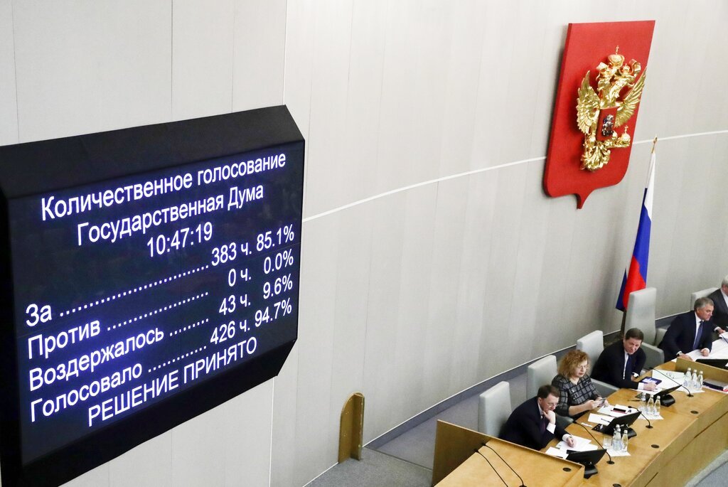 Legisladores rusos votan a favor de un proyecto de reforma constitucional en la cámara baja del Parlamento, el 11 de marzo de 2020. Foto: AP/Pavel Golovkin.