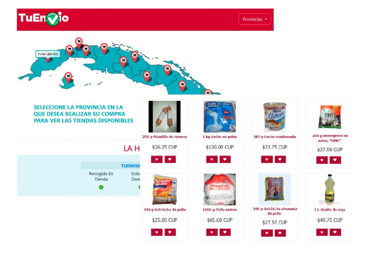 Captura de pantalla de archivo de la plataforma de comercio electrónico TuEnvío, de la corporación estatal cubana Cimex.