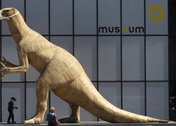 Un niño camina frente a una escultura de dinosaurio con una máscara en el Museo de Historia Natural de Bruselas, el martes 19 de mayo de 2020. Los museos han reabierto dudosos  a medida que se relajan las medidas de confinamiento por el coronavirus, pero los expertos señalan que uno de cada ocho museos podría cerrar permanentemente por la pandemia. Foto: Virginia Mayo/ AP