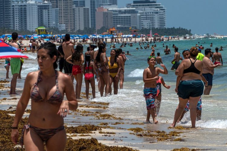 Cientos de personas visitan la playa de Miami Beach este miércoles en Florida (EE. UU). Los casos confirmados de COVID-19 en el estado de Florida desde el pasado 1 de marzo continúan en aumento y alcanzaron este miércoles los 67.371, más de 20.000 de ellos en el condado de Miami-Dade, que hoy abrió sus populares playas. EFE/Giorgio Viera