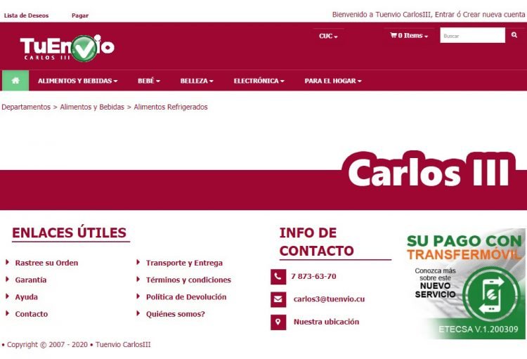 Captura de pantalla del sitio de la tienda virtual cubana Carlos III, en la plataforma de comercio electrónico TuEnvío, de la corporación estatal cubana Cimex.
