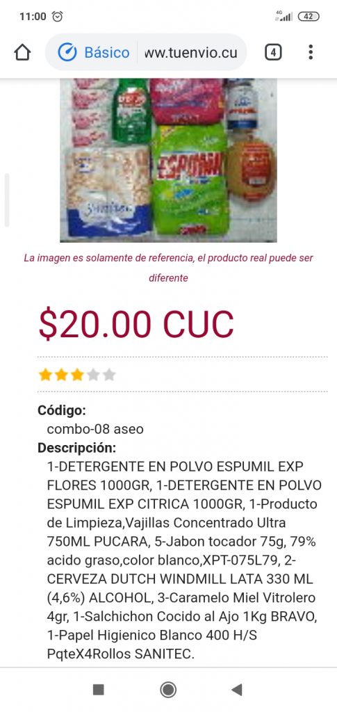 Captura de pantalla de tienda virtual cubana.