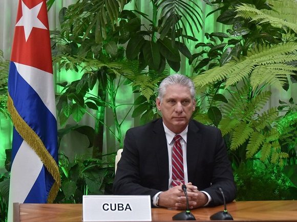 El presidente cubano Miguel Díaz-Canel durante su intervención en una cumbre virtual de la Organización Internacional del Trabajo (OIT), el 8 de julio de 2020. Foto: Cubadebate.