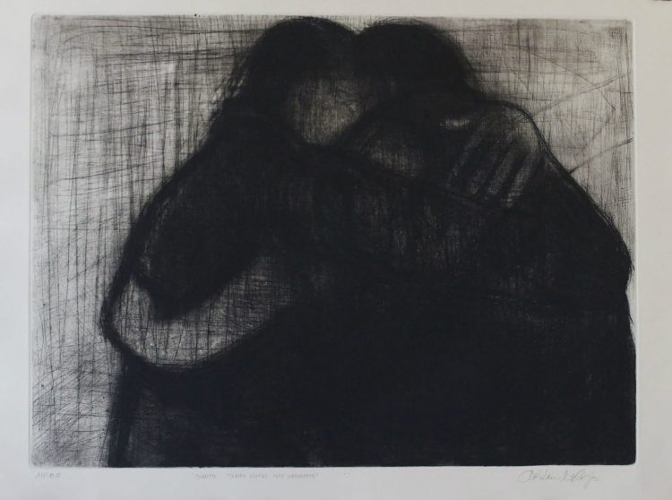 "Cuánto tiempo esperé para abrazarte", Punta seca, 65 x 50 cm. Seleccionada en La 4ta Bienal de grabado de Rumanía 2017.