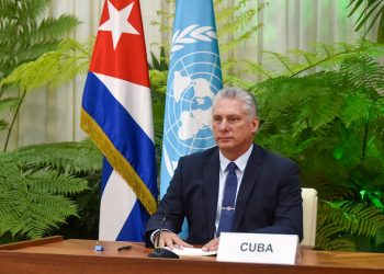 El mandatario cubano Miguel Díaz-Canel, durante su discurso ante la asamblea virtual de la ONU. Foto: presidencia.gob.cu