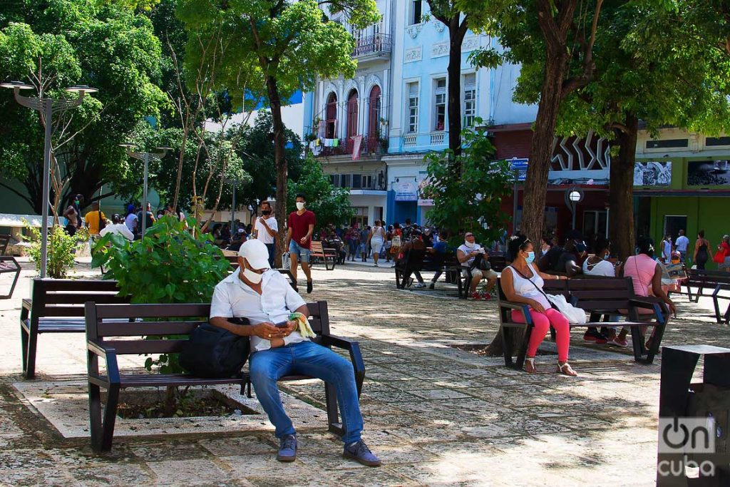 Un hombre revisa su teléfono en un parque en La Habana. Foto: Otmaro Rodríguez.