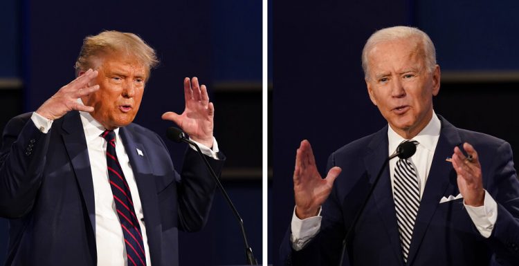 Combinación de fotos del presidente Donald Trump y del exvicepresidente Joe Biden durante su primer debate hacia las elecciones presidenciales de noviembre, el martes 29 de septiembre de 2020, en Cleveland, Ohio. Foto: Patrick Semansky/AP.