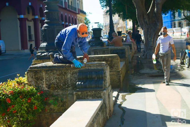 Trabajos de mantenimiento en el Paseo del Prado de La Habana. Foto: Otmaro Rodríguez.