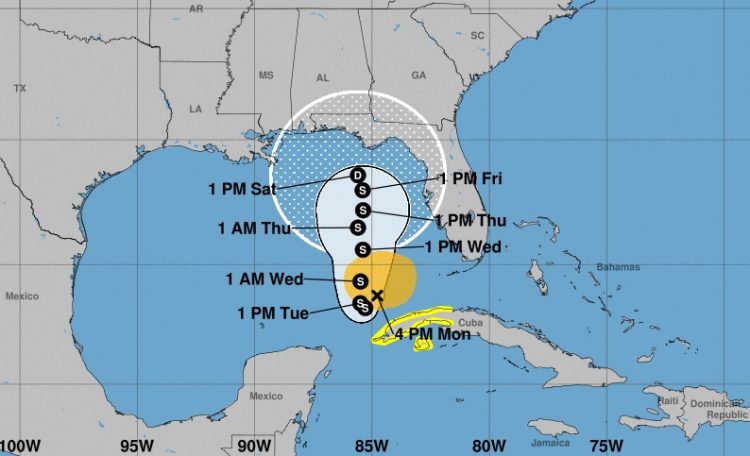 Cono de la posible trayectoria de tormenta tropical Eta, según los pronósticos meteorológicos del lunes 9 de noviembre de 2020 a las 4:00 PM (hora de Cuba). Infografía: nhc.noaa.gov