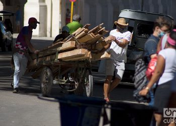 Hombres transportando madera durante el rebrote de la COVID-19 en La Habana, en enero de 2021. Foto: Otmaro Rodríguez.