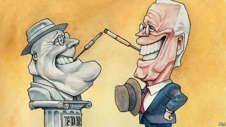 Franklin Delano Roosevelt  y Joe Biden. Caricatura de Kal (The Economist).