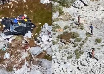 Fotos aéreas de tres cubanos que fueron rescatados de una isla deshabitada de Bahamas por la Guardia Costera de EE.UU. Foto: @CNNEE / Twitter.