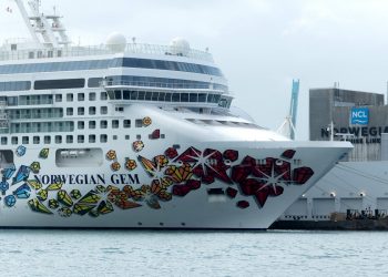 Vista de la decoración de estribor del crucero Norwegian Gem, de la compañía Norwegian Cruise, atracado el 19 de marzo de 2021 en la Bahía de Miami, Florida (EE. UU). Foto: Giorgio Viera/EFE/Archivo