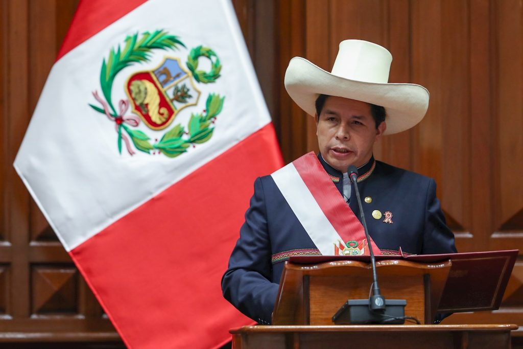 Pedro Castillo habla durante la ceremonia de toma de posesión como nuevo presidente de Perú, en Lima, el 28 de julio de 2021. Foto: Cortesía Congreso de Perú / Luis Enrique Saldana / EFE.