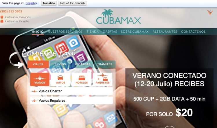 Imagen de la página web de la agencia de viajes Cubamax Travel, con sede en Miami.