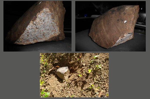 Fotografías del presunto meteorito caído el 10 de julio de 2021 en las inmediaciones de la localidad Ramón de las Yaguas, en Santiago de Cuba. Foto: bohemia.cu