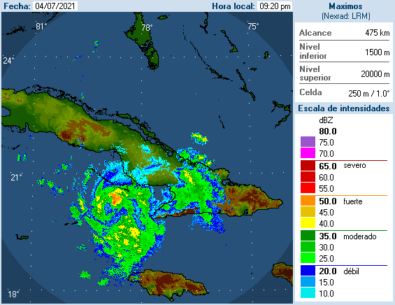 Imagen del radar de Camagüey, en el centro de Cuba, de la tormenta tropical Elsa, entre las 9:30 y las 10:00 PM (hora de Cuba) del domingo 4 de julio de 2021.
