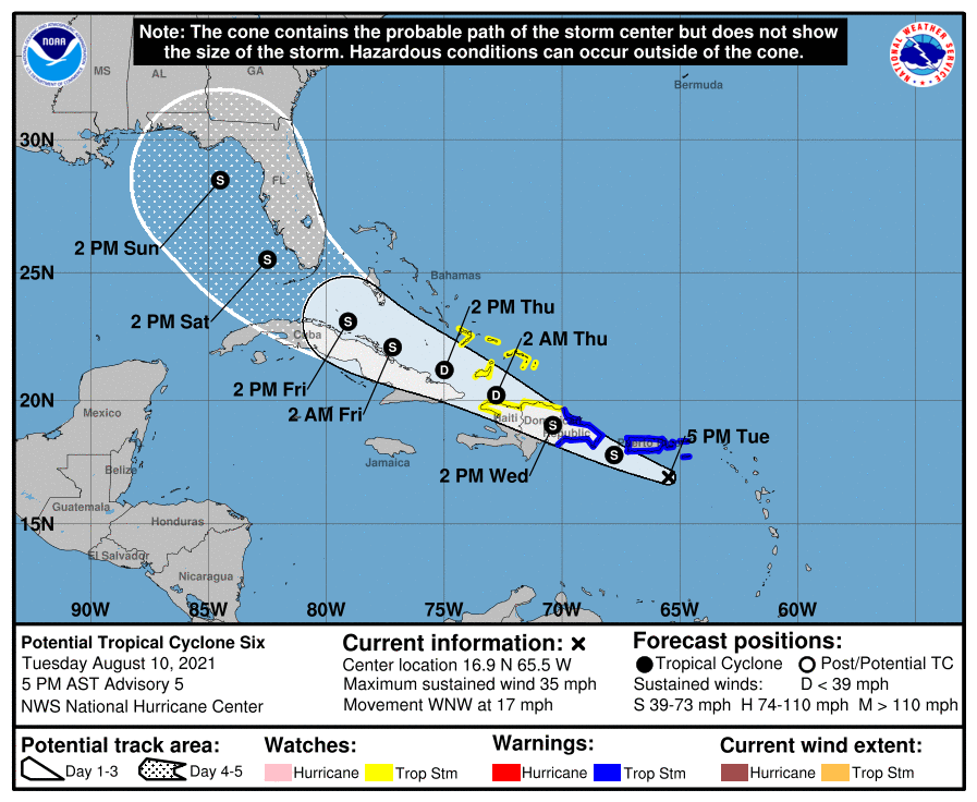 Cono de la posible trayectoria del área de bajas presiones que podría convertirse en la tormenta tropical Fred. Gráfico: National Hurricane Center (NHC).