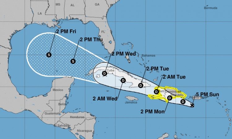 Cono de posible trayectoria de la tormenta Grace, debilitada a depresión tropical, en la tarde del 15 de agosto de 2021. Gráfico: National Hurricane Center.