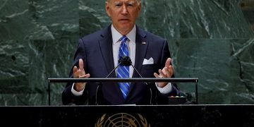 El presidente de EE.UU., Joe Biden, durante su discurso ante la Asamblea General de la ONU, en la sede la organización en Nueva York, el 21 de septiembre de 2021. Foto: Eduardo Muñoz / Pool / EFE.