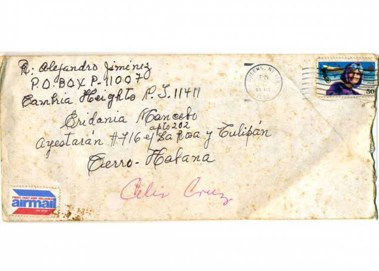 Sobre original donde fue enviada la carta de Celia Cruz a Eridania Mancebo.