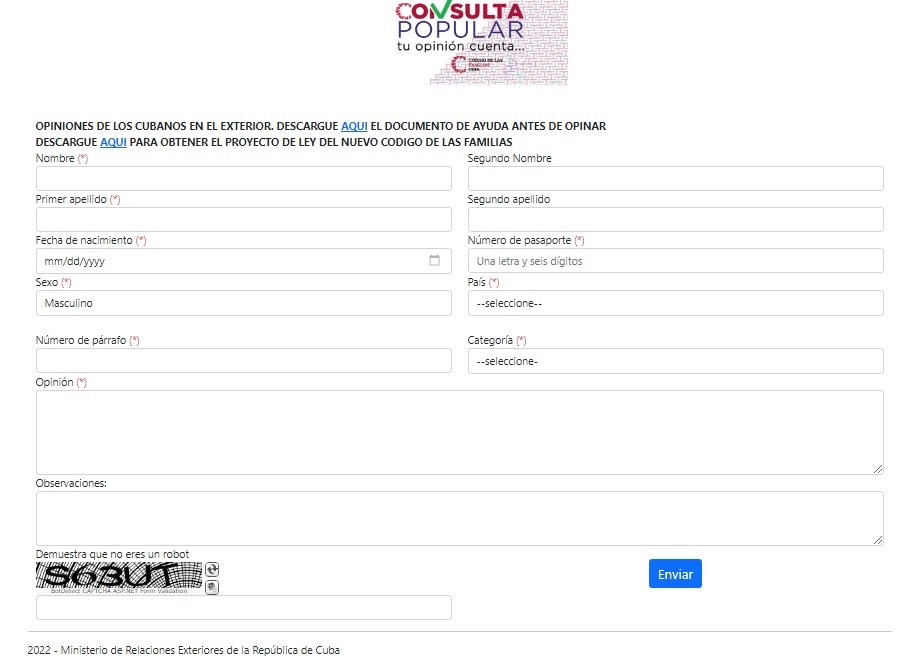 Digital form for the participation of Cubans abroad in the consultation of the Family Code. Photo: Screenshot of the Nación y Emigración website.