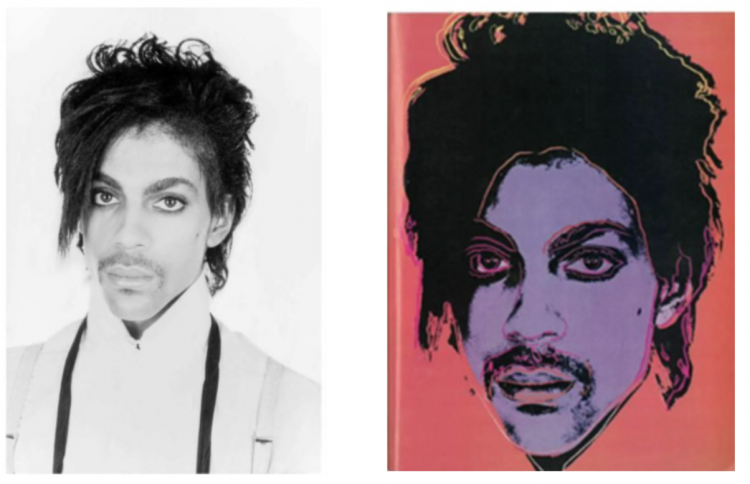 Fotografía de Goldsmith (izquierda) y uno de los retratos de la serie que Warhol dedicó a Prince. The New Republic.