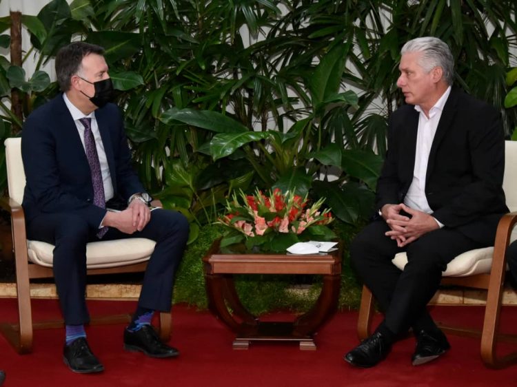 El presidente cubano Miguel Díaz-Canel (d) en reunión con Leon Binedell (i), presidente de la empresa canadiense Sherritt International. Foto. Estudios Revolución.