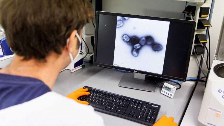Un científico observa el virus de la viruela del mono en un laboratorio. Foto: LUKAS BARTH/ REUTERS, vía RTVE.
