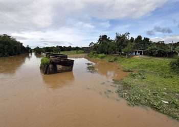 Río crecido en la localidad de San Juan y Martínez, en Pinar del Río, donde fueron más intensas las lluvias de los últimos días en Cuba. Foto: Ernesto Mastrascusa / EFE.