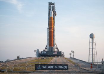 El potente cohete SLS y la cápsula Orión de la Nasa esperan el término de la cuenta regresiva este lunes, cuando despegarán desde Cabo Cañaveral, Florida (EEUU). Foto: Joel Kowsky/Nasa.