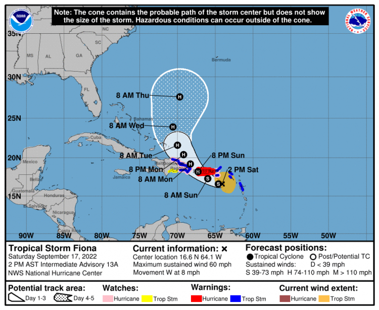 Cono de probabilidades de la tormenta tropical Fiona. Gráfico: National Hurricane Center.