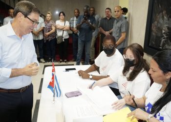 Desde Nueva York, el ministro de Relaciones Exteriores de Cuba, Bruno Rodríguez, ejerció su voto por el Código de las Familias. Foto: cancillería de Cuba/Twitter.
