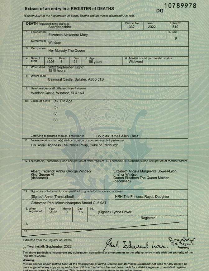 Death certificate of Queen Elizabeth II published