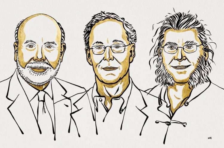 Los economistas estadounidenses Ben Bernanke, Douglas W. Diamond y Philip H. Dybvig merecieron el Nobel de esta especialidad, en 2022. Ilustración: nobelprize.org.