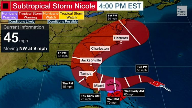 Nicole. Mapa: The Weather Channel.