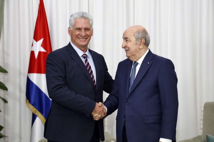 El presidente de Argelia, Abdelmadjid Tebboune, mientras recibe a su homólogo de Cuba, Miguel Diaz-Canel (i). Foto: Alejandro Azcuy/Presidencia de Cuba/Efe.