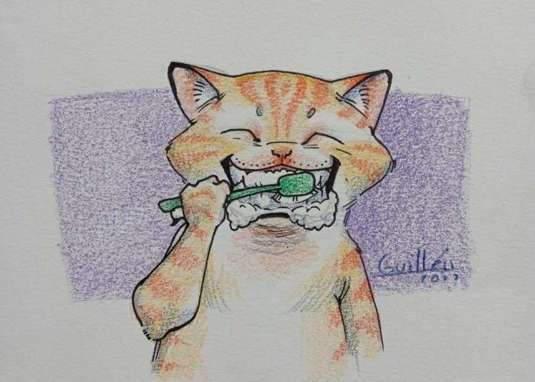 Ilustración de gato cepillándose los dientes. Salud de mascotas.