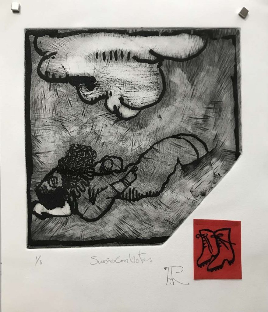 Ángel Ramírez. Sueño con botas, 2022. Calcografía, 45 x 37 cm.
