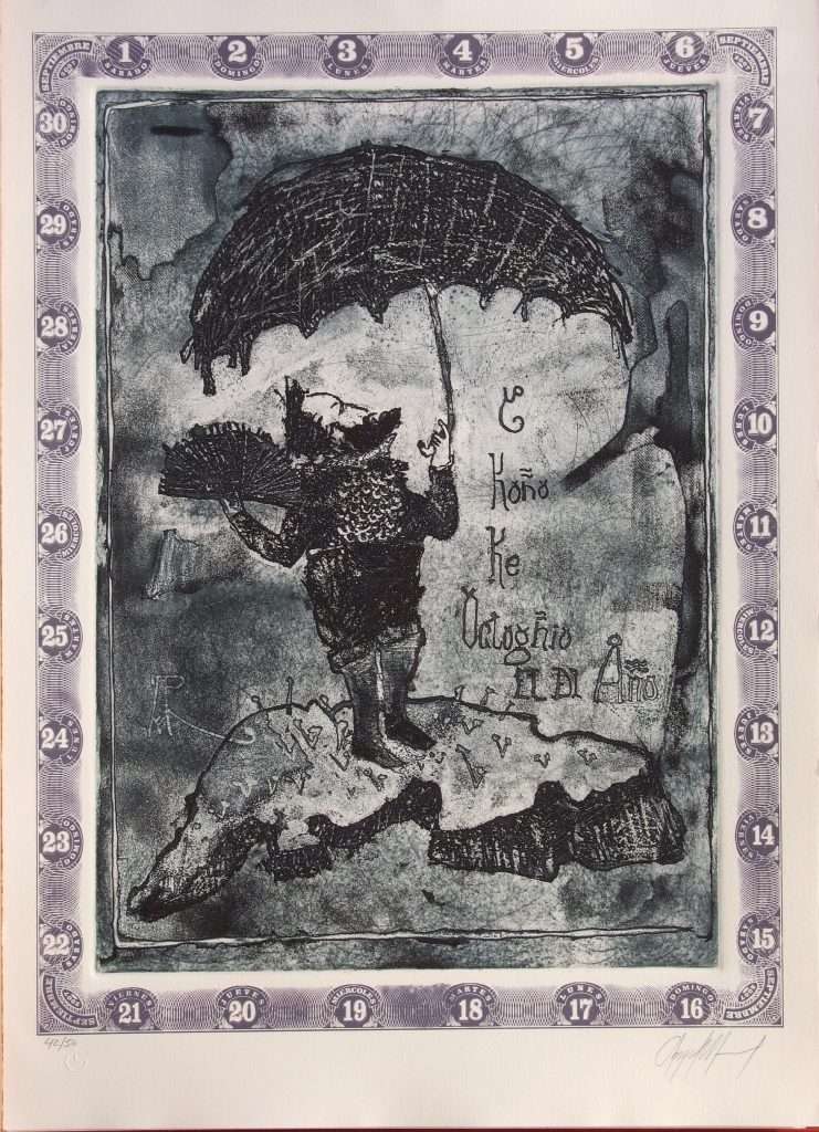Ángel Ramírez. Y Koño que otoño el del año, 2007; calcografía sobre papel, 70 x 50 cm.  (Área impresa: 62 x 46 cm).

