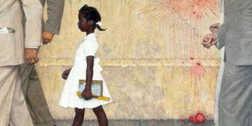 "El problema con el que todos vivimos"(1964) de Norman Rockwell. Representa a Ruby Bridges, una niña afroamericana de seis años, camino a una escuela pública para blancos en Nueva Orleans el 14 de noviembre de 1960, escoltada por agentes del FBI.